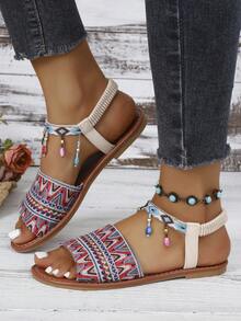Giày sandal đế bằng kiểu La Mã Bohemian đính đá lấp lánh, thích hợp phối cùng chân váy, phù hợp cho mùa hè. - Đỏ - Xem 4