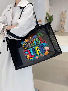 1個/2個大容量網格托特包字母裝飾多功能大容量聚酯纖維網格托特包與化妝包套裝 - 海灘度假收納與購物 - 適合青少年女孩和女性 - 大學生 - 適合海灘、學校、日常使用 - 青少年女孩和女性的完美禮物，雙手把，可水洗旅行和收納包適合度假 - 黑色 - 查看 5