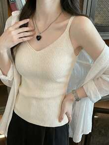 Women's Knitted Cami Top, V-Neck, Sexy Backless Design, Suitable For Summer Wear, Layering Under Blazers - Apricot - View 4