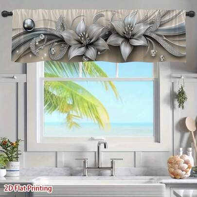 1pc 60*18 Inch Elegant Silver Floral Art Valance Curtain | 2D Flat Printing, Polyester, Semi-Sheer, Rod Pocket, Easy To Install, Suitable For Various Room Types, Arts Theme, All-Season Use HSY