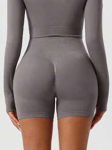1pc High Waist Slimming Shorts, Seamless Yoga Pants For Women, Suitable For Running & Workout - Grey - View 6