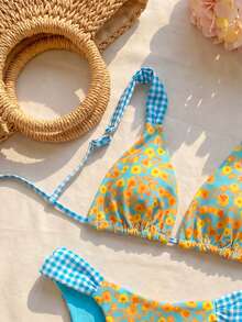 Swim Mod New Year & Valentine's Day Women's Summer 2 Pieces Bikini Set - Reversible Random Floral Print, Beach Vacation Swimwear - Blue - View 5