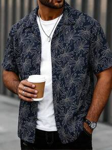 Herren Kurzarm Poloshirt mit Blume Muster, modisch für den Sommer - Blau - Übersicht 1