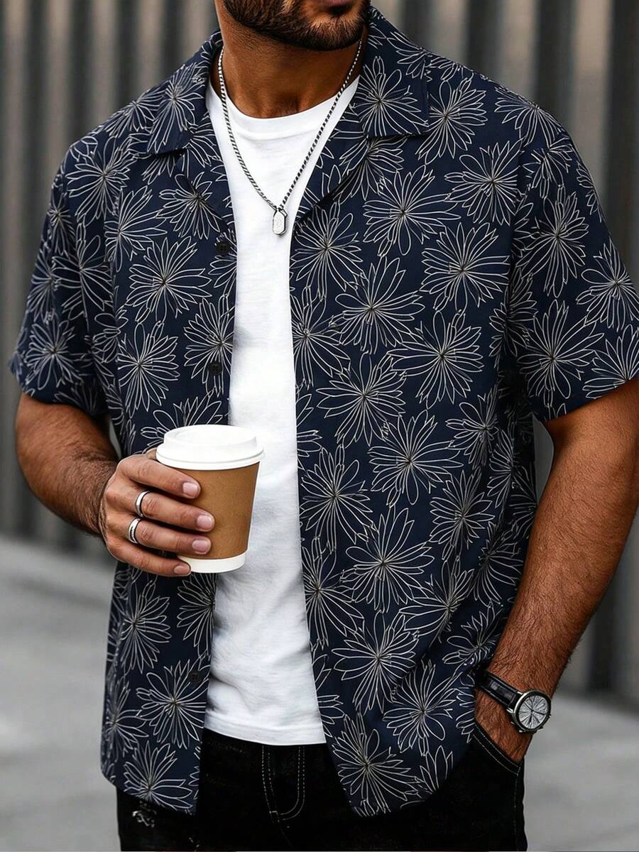 Herren Kurzarm Poloshirt mit Blume Muster, modisch für den Sommer - Blau - Übersicht 1