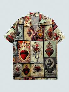 Modcrash 男士休闲印花心形十字架图案衬衫，复古时尚风格，适合春夏穿着，美式复古风，男女皆宜，宽松版型夏季服装——适合日常穿着和夏季度假穿着。 - 彩色 - 查看 2