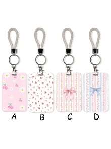 1pc Cute Lace Striped Bow Design ID Card Holder With Keychain Clip, Butterfly Phone Lanyard, Keychain Badge Rack - Rectangle - View 1