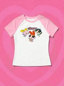 Whysmera SHEIN X Powerpuff Girls 女士撞色印花圆领上衣 - 为T恤增添活力和可爱气息，适合日常穿着 - 白色 - 查看 1