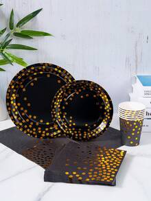Black & Gold Polka Dot Disposable Plates, Napkins, Cups - 8 Guest Party Supplies Set, Suitable For Birthday, Wedding, Theme Party, Family Picnic - Multicolor - View 4