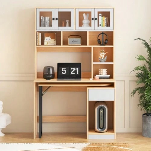 Computer Desk, Shelving Unit, Filing Cabinet, Work Desk, Office Cabinet, Natural White 180 Cm - Wood Color + White - View 1