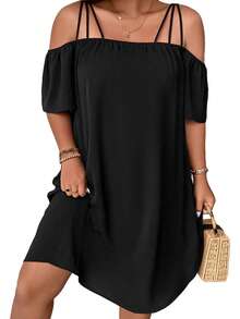 Vestido de talla grande para mujer con hombros descubiertos, manga corta, de color liso, con abertura hueca para vacaciones - Negro - Ver 1