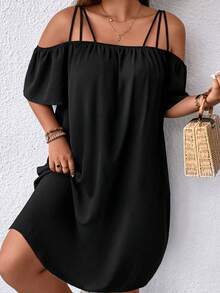 Vestido de talla grande para mujer con hombros descubiertos, manga corta, de color liso, con abertura hueca para vacaciones - Negro - Ver 2