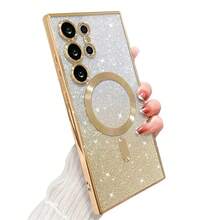 透明渐变磁性闪粉亮面电镀软TPU金色手机壳，兼容三星Galaxy S26Ultra S25FE A17 A56 A36 A55 A15 A36 A26 A16，磁吸设计，全摄像头镜头保护，适用于A系列和S系列手机 - 金色 - 查看 1