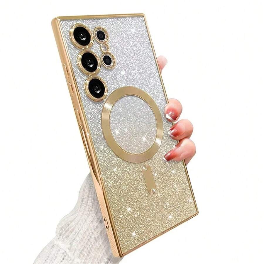 透明渐变磁性闪粉亮面电镀软TPU金色手机壳，兼容三星Galaxy S26Ultra S25FE A17 A56 A36 A55 A15 A36 A26 A16，磁吸设计，全摄像头镜头保护，适用于A系列和S系列手机 - 金色 - 查看 1
