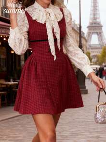 minisummmer 女士新款春夏红色格子蕾丝蝴蝶结装饰中长吊带连衣裙 - 情人节装扮、嘉年华服装、优雅休闲日常装 - 酒紅色 - 查看 1