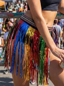 Saia Carnaval Fitinha Metalizada Bloquinho Fantasia Verão 2026 Franjas Festa Colorida Bloco Fita - Multicolorido - Visão 3