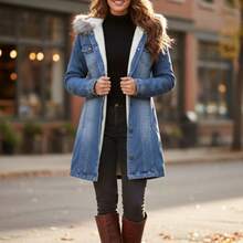 Cazadora Denim de manga larga para mujer, estilo casual, con cuello afelpada y forro polar cálido, perfecta para uso diario. - Azul - Ver 1