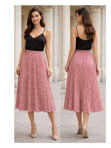 Elegant Polyester Pleated Skirt For Women, Summer Office Wear - 粉色 - 查看 2