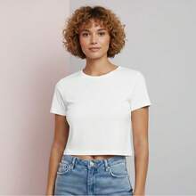 Women's Cropped Top, 100% Cotton, Basic, Plain, Round Neck. - 白色 - 查看 4