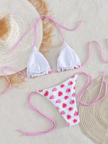 Bộ bikini nữ, 2 mảnh, họa tiết dâu tây, áo ngực tam giác và quần buộc dây bên hông, đồ đi biển mùa hè dễ thương cho kỳ nghỉ. - Nhiều màu - Xem 2