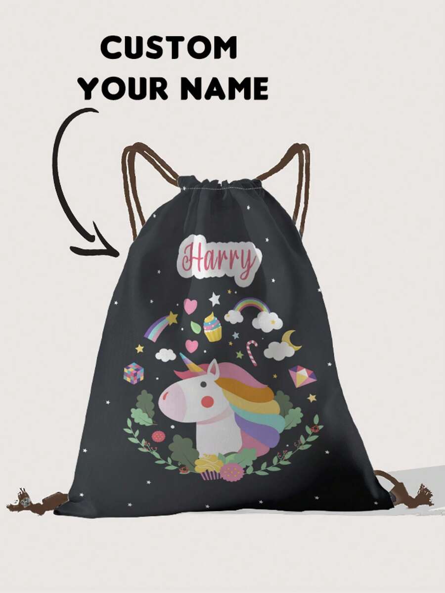 1pc Customized Name Cartoon Pony Pattern Drawstring Backpack, Can Be Customized According To Your Unique Design, Perfect For Children, Print Your Own Name Or Print Sister And Classmate's Name As A Gift To Give To Others