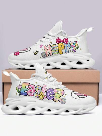 复活节快乐女士软底运动鞋，轻便透气舒适低帮系带鞋，加大码男女通用时尚户外鞋