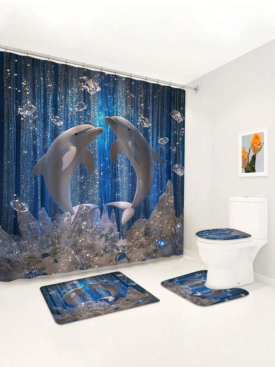 1/4 件装星空梦幻蓝水晶海豚印花防水浴帘，浴室装饰套装，含 12 个挂钩、浴垫、马桶盖，现代家居浴室配件，适合作为礼物