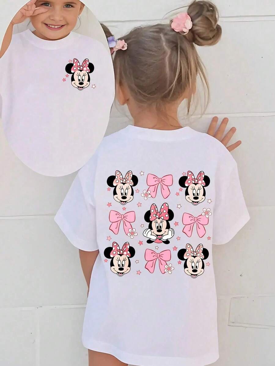 Disney Minnie Mouse With Pink Bow And Flowers Double-Sided Printed Pattern T-Shirts For Girls - Children's Clothing Design Short-Sleeved Casual And Cute Style Comfortable And Casual Wear All - 白色 - 查看 1