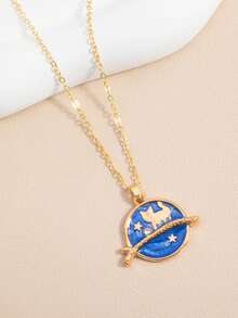 1pc Fashionable & Elegant Cartoon Planet & Cat Pendant Necklace, Suitable For Daily Wear - Blue - View 5