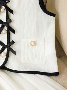 2pcs/Set Girls' Sleeveless Bow Cardigan Top And Pleated Skirt Elegant Outfit, Summer - White - View 5