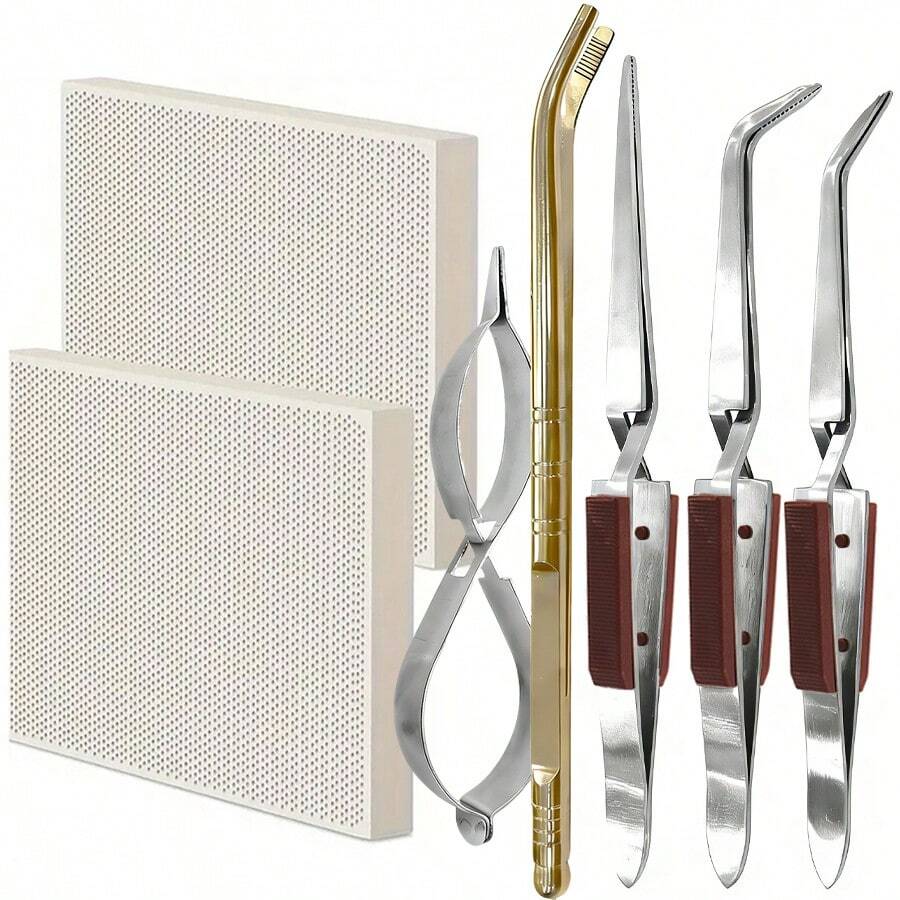 KLONKEE 7pcs Jewelry Welding Tool Set, Including 2 Honeycomb Ceramic Blocks, 3 Tweezers, 1 Copper Clamp And 1 Metal Clamp, For Jewelry Making Tools And Materials - Multicolor - View 1