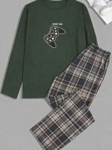 Men Cottonline Printed Casual Regular Loungewear Set - Army Green - View 1