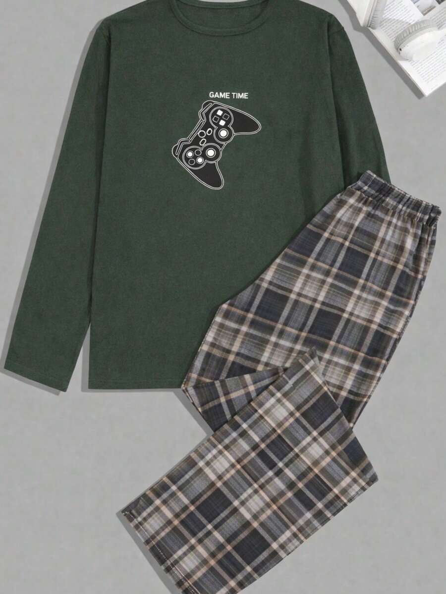 Men Cottonline Printed Casual Regular Loungewear Set - Army Green - View 1