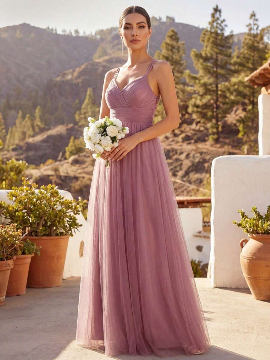 EVERPRETTY Elegant Lace Contrast Mesh Crisscross Backless Bridesmaid Dress, Suitable For Wedding, Vacation, Birthday And Other Occasions, Valentine's Day Wear