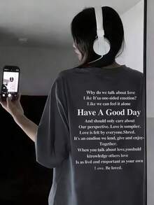 Japanese Style Women's Loose Crew Neck Casual Versatile Letter Print Short Sleeve T-Shirt, Spring/Summer - Dark Grey - View 1