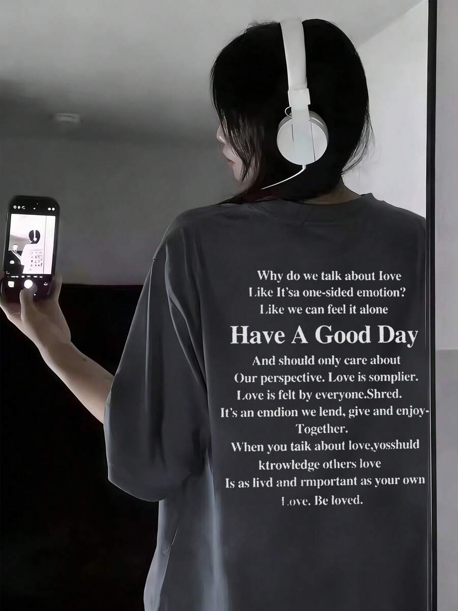 Japanese Style Women's Loose Crew Neck Casual Versatile Letter Print Short Sleeve T-Shirt, Spring/Summer - Dark Grey - View 1