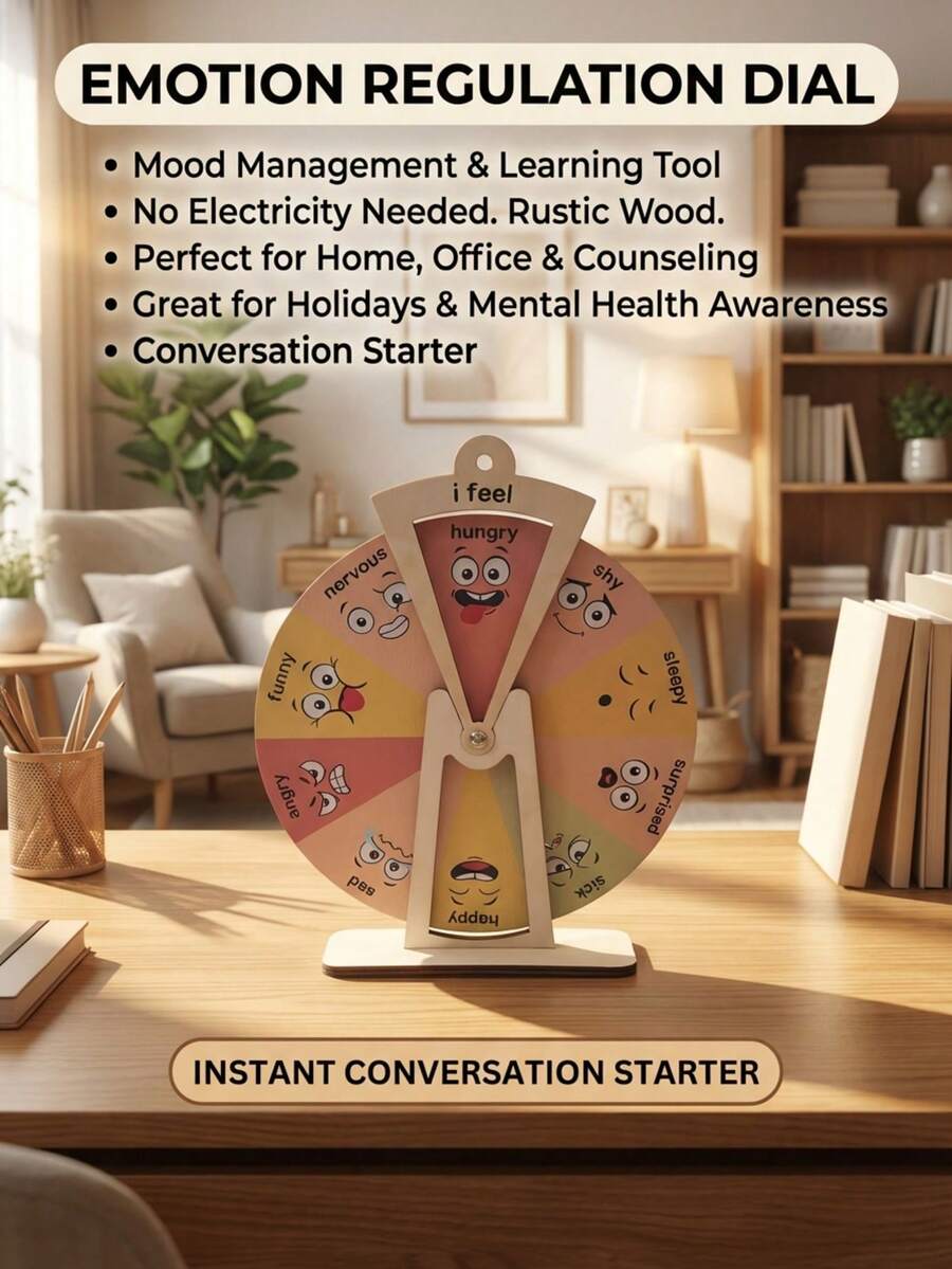 1pc Rustic Wooden Emotion Adjustment Dial - Expressive Emotion Management Tool & Desktop Display Board - No Electricity Required, Suitable For Bedroom/Home Space - Seasonal Holiday Decor (Halloween/Thanksgiving/June Festival), Mental Health Awareness Promotion, Psychologist Office Signage, Emotion Learning Tool, Conversation Starter Decor, Cork Board, Pin Board, Vision Board - Emotion Regulation Wheel - View 1