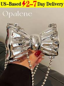 Bowknot Mini Evening Bag For Women, Acrylic Bow-Shaped Crossbody Chain Bag, Metallic Gold Lipstick Bag, Women's Stylish Lipstick Holder Shoulder Crossbody Bag, Suitable For Party, Date, Decorative Clutch, Coin Purse, Silver, Gold Earphone Case - 彩色 - 查看 12