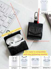 Crocodile Pattern 1pc Solid Black Stone Texture Leather Headphone Protective Case With Hook, Compatible With Apple 1/2, Pro 2/3, 4 - Black - View 5