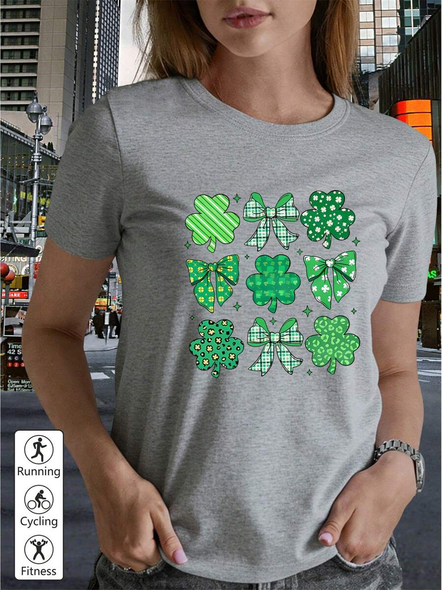 1pcs Four-Leaf Clover And Bowknot Combination Pattern, The Four-Leaf Clover Uses Green Textures Such As Stripes, Plaid, And Floral, And The Bowknot Matches The Corresponding Texture Design Suitable For Spring And Summer Casual Clothing, Women's T-Shirts, Seasonal Clothing, Artistic Design, Soft Material, Lightweight Shirt, Spring And Summer Fashion, Comfortable Fabric, Printed T-Shirt 180gLadies Relaxed Fit Short Sleeve Shirt Easy To Match - Xám - Xem 1