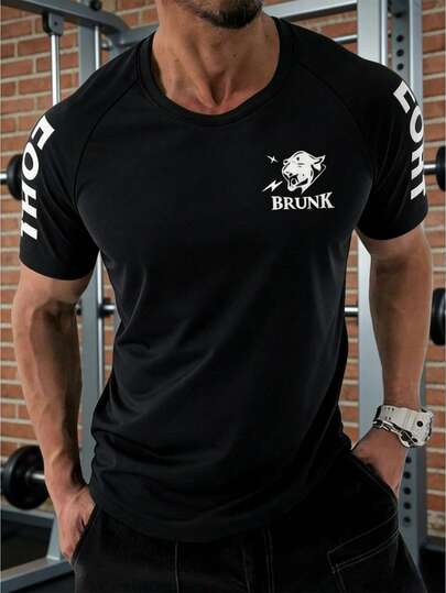 男士休闲透气短袖T恤，印花户外运动T恤，跑步健身夏季上衣