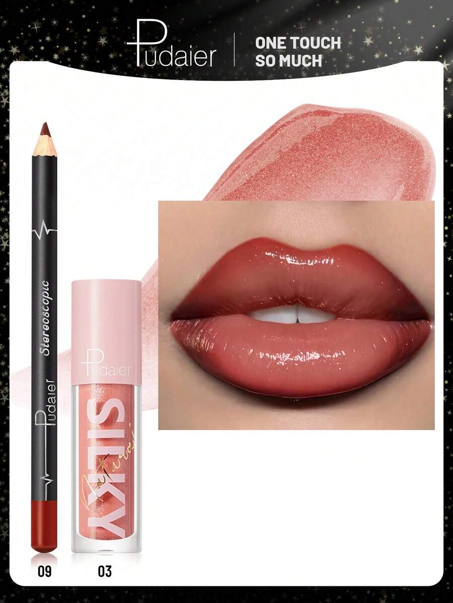 Pudaier 二合一唇部套装：滋养唇线笔和唇彩 | 防水持久，勾勒唇形，通用色号 | 理想的情人节礼物 - 09+03 - 查看 1