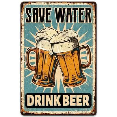 1pc Vintage Metal Wall Sign, Slogan "Save Water, Drink Beer" - 8" X 12", Farmhouse Blue & White Color, Beer Foam Illustration. This Iron Wall Decor Is Perfect For Bars, Garages Or Men's Private Spaces.