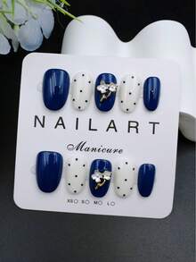 10pcs Set Of Handmade Nail Stickers, Navy Blue Almond Shape, Beautiful Fragrance Style French Manicure Stickers, Matte Nail Stickers - Navy Blue - View 2