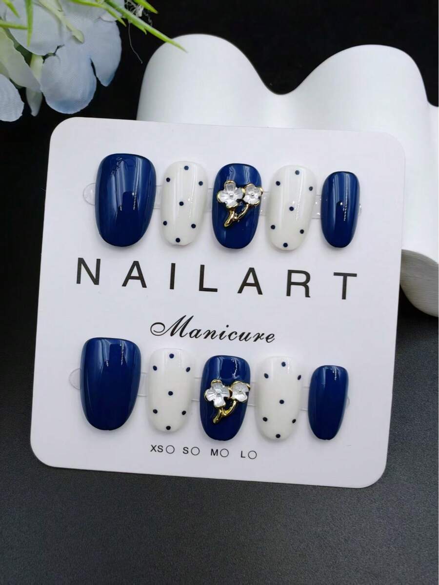 10pcs Set Of Handmade Nail Stickers, Navy Blue Almond Shape, Beautiful Fragrance Style French Manicure Stickers, Matte Nail Stickers
