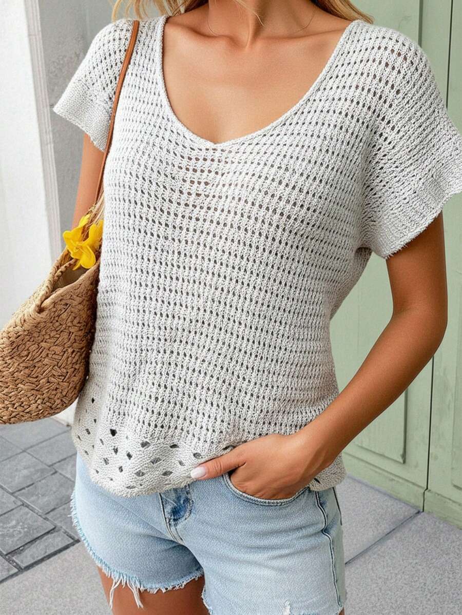 Women's Sexy Casual Deep V Neck Hollow Out Woven Fabric All Over Print Regular Length Sweater Vest - Apricot - View 1
