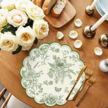 1pc/Set Green Floral Linen Round Placemat, 38cm, Seasonal Kitchen Dining Table Decor Mat, Spring Home Decor, Spring, Wedding Home Decoration - Multicolor - View 3