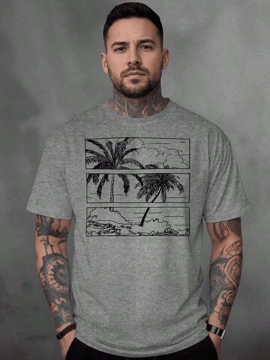 Men's T-Shirt, 100% Cotton, Palms Print - 灰色 - 查看 1