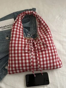 Bolso de hombro a cuadros de moda retro, nuevo bolso de mano casual personalizado de gran capacidad - Rojo - Ver 10