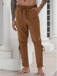 Men's Loose Pants, Medieval Costume Men's Pirate Pants, Renaissance Viking Pants With Pockets, Casual Trousers - Brown - View 2