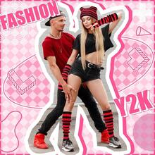 Y2k Crochet Beanie Hats Knitted Striped Arm And Leg Warmers Cat Beanie Accessories For Women - 紅黑 - 查看 6